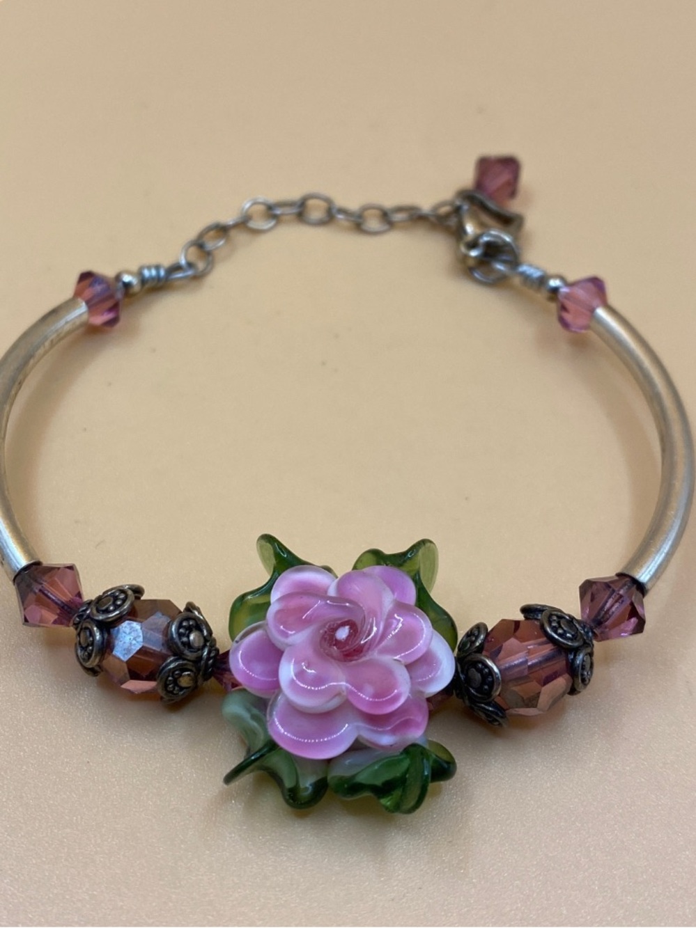 One of a Kind Handmade Lampwork Floral Glass Bead with Sterling Bracelet